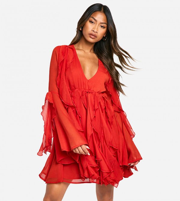 Ruffle Flared Sleeves Mini Dress