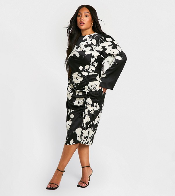 Curve Woven Floral Print Ruched Midi Dress