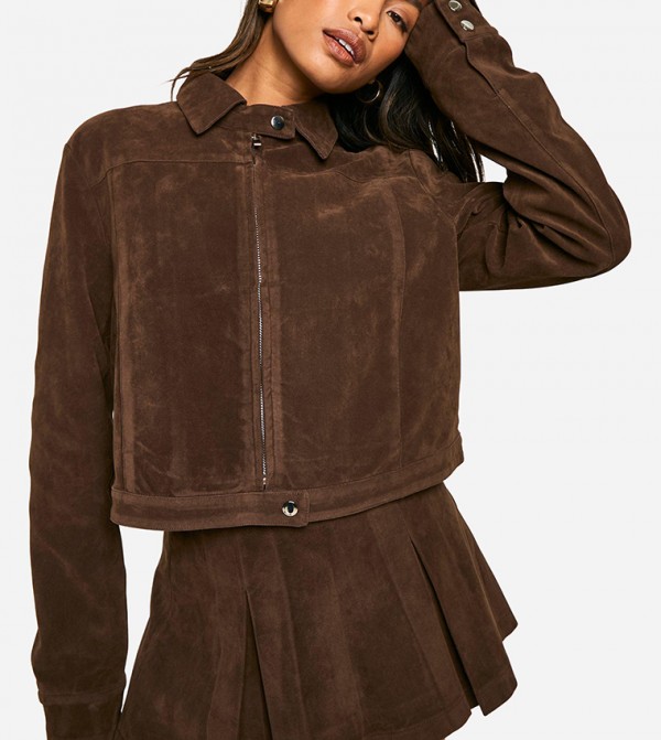 Faux Suede Collared Crop Jacket