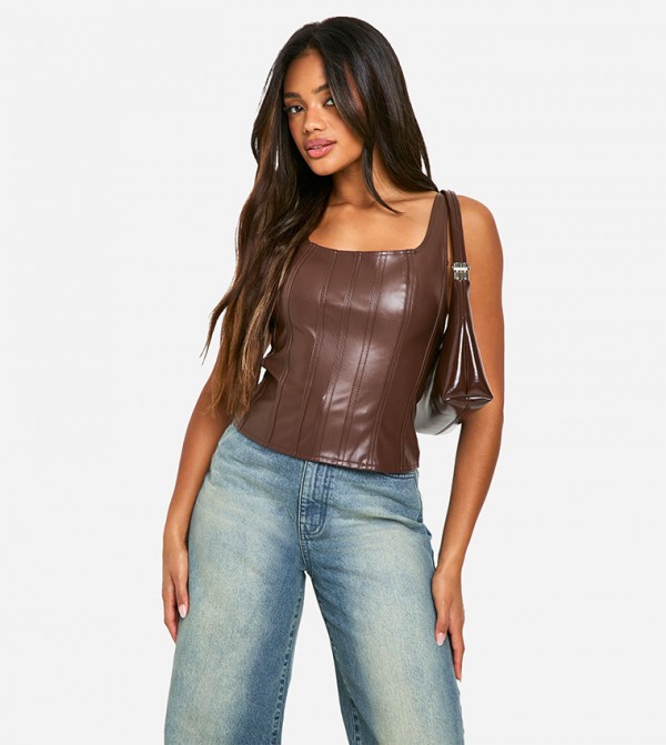 Faux Leather Square Neck Sleeveless Top