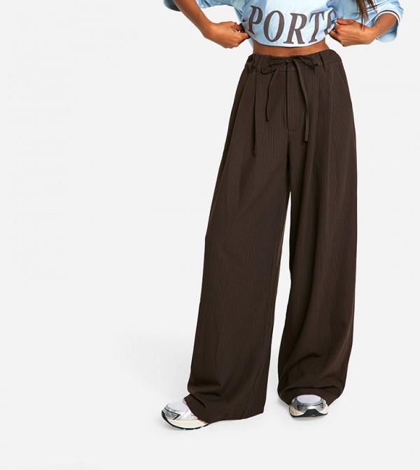 Striped Drawstring Waist Wide Leg Trousers