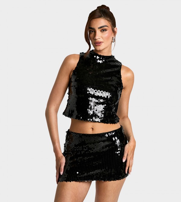Sequined High Neck Crop Top