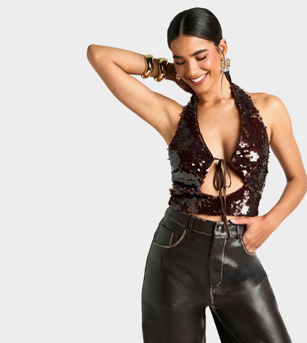 Sequined Halterneck Tie Front Crop Top