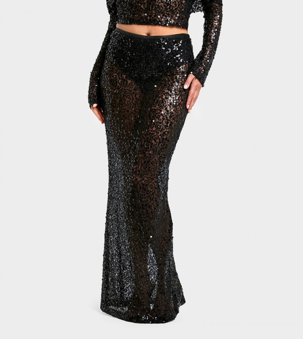 Sequined Beaded Lace Maxi Skirt