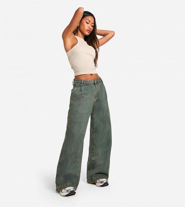 Pleat Detail Wide Leg Jeans