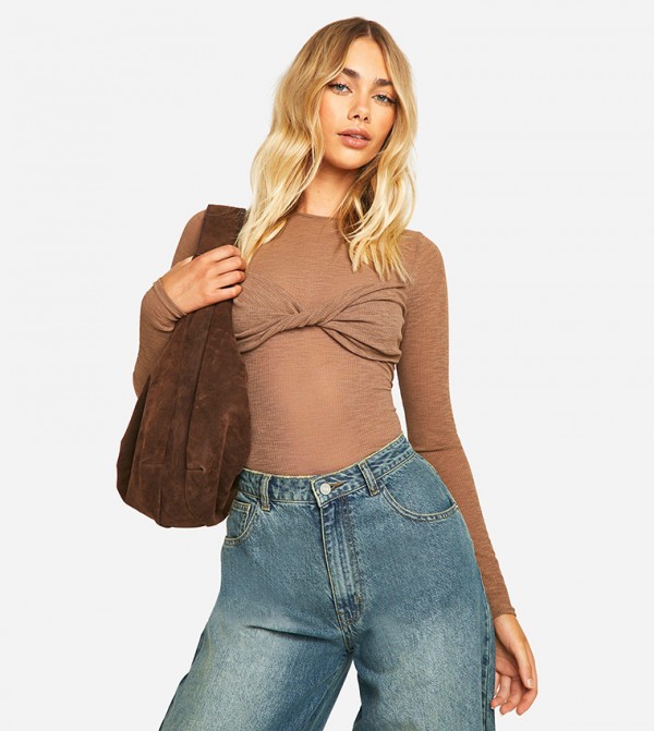 Sheer Ribbed Twist Front Long Sleeves Top