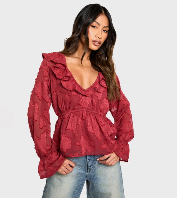 Burnout Floral Ruffle Plunge Neck A-Line Top