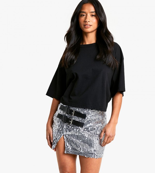 Petite Buckle Detail Sequins Mini Skirt