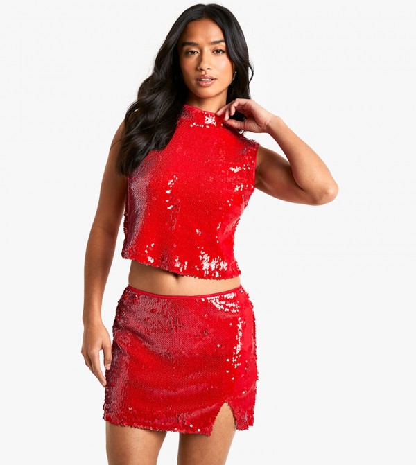 Petite Sequined High Neck Crop Top