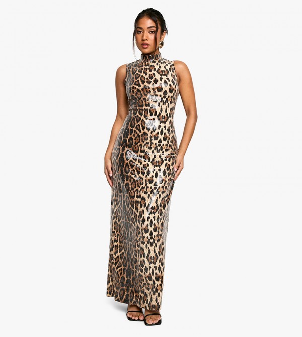 Petite Leopard Sequin Racer Neck Maxi Dress