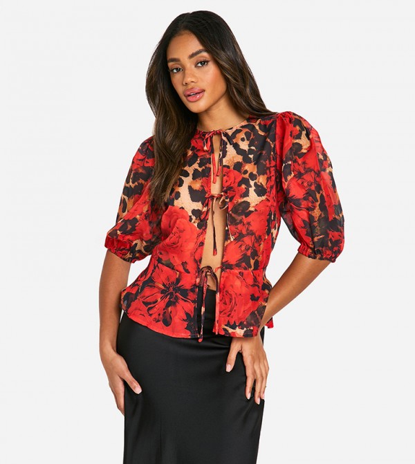 Printed Volume Sleeves Tie Front Top