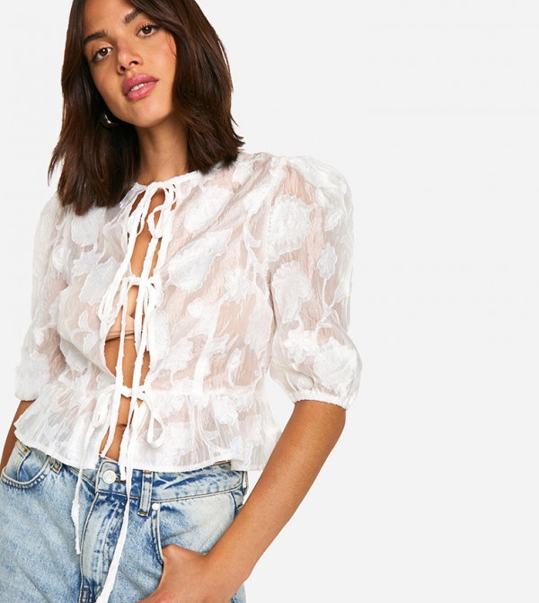 Volume Sleeves Tie Front Top