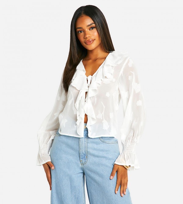 Jacquard Ruffled Tie Front Top