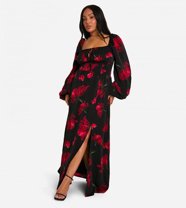 Curve Ditsy Balloon Sleeves Milkmaid Maxi Dress