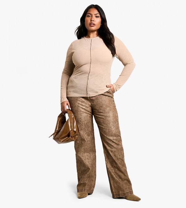 Curve High Waist Washed PU Straight Fit Trousers