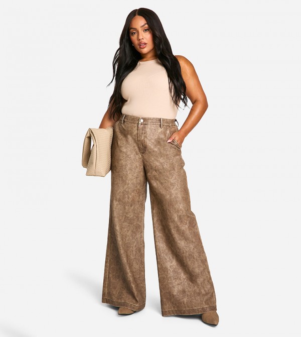 Curve High Waist Washed PU Wide Leg Trousers