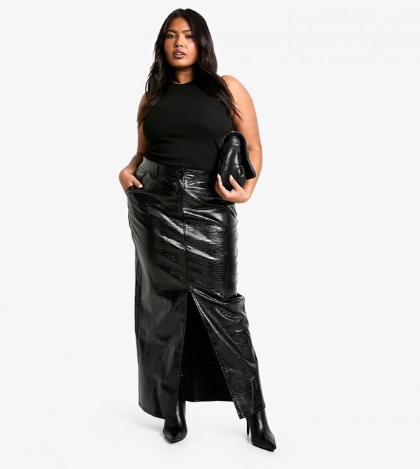 Curve Croc PU Slit Front Maxi Skirt