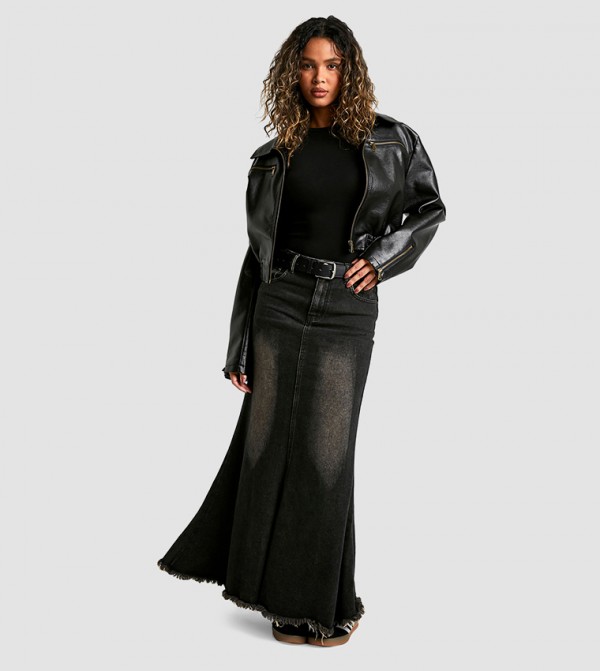 Fishtail Raw Hem Denim Maxi Skirt