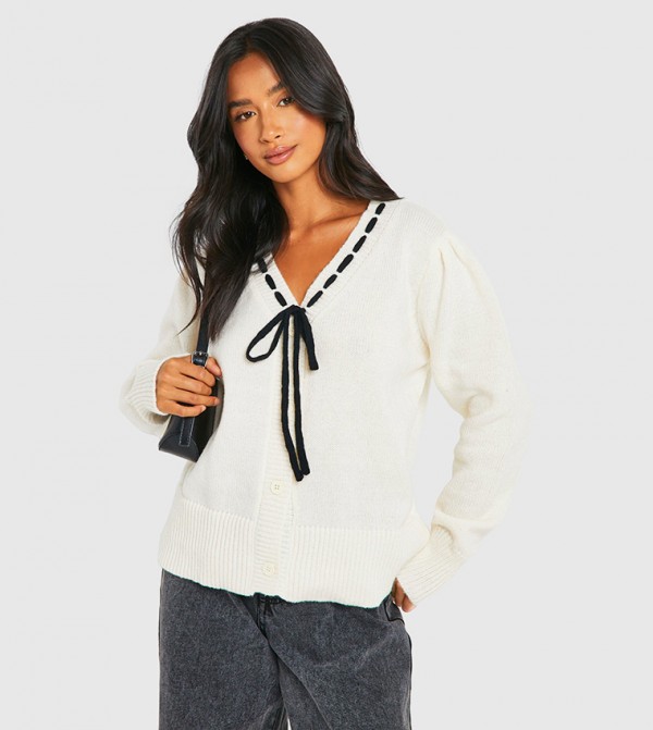Petite Contrast Ribbon Knitted Cardigan