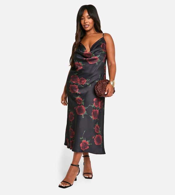 Curve Floral Print Cowl Neck Midaxi Dress