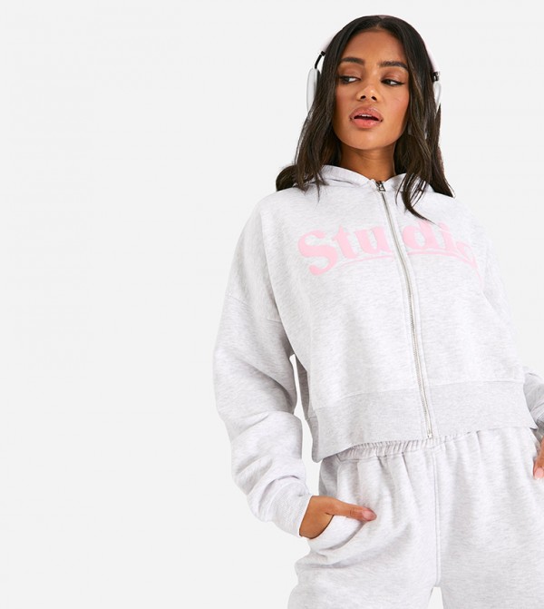 Dsgn Studio Slogan Boxy Crop Zip-Through Hooded Jacket