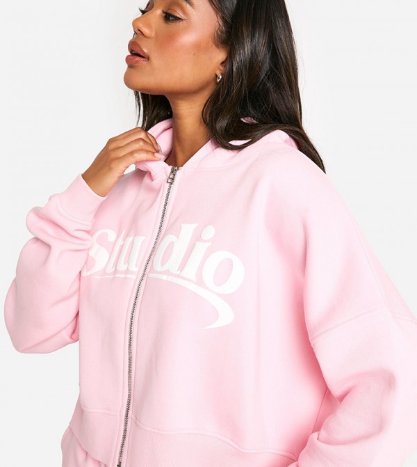Dsgn Studio Slogan Boxy Crop Zip-Through Hooded Jacket