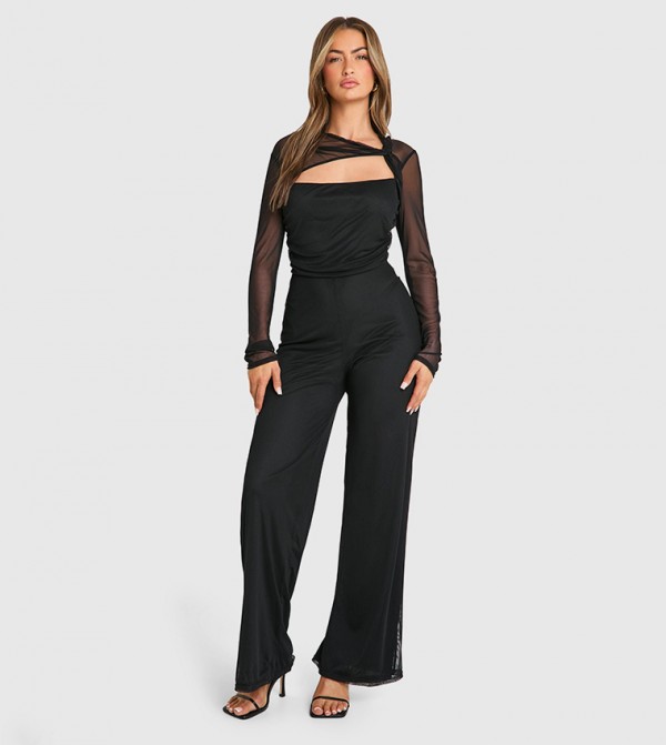 Mesh Long Sleeves Cut-Out Jumpsuit