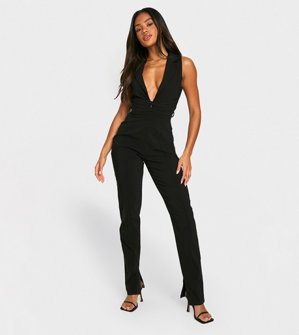 Plunge Sleeveless Wrap Waist Jumpsuit