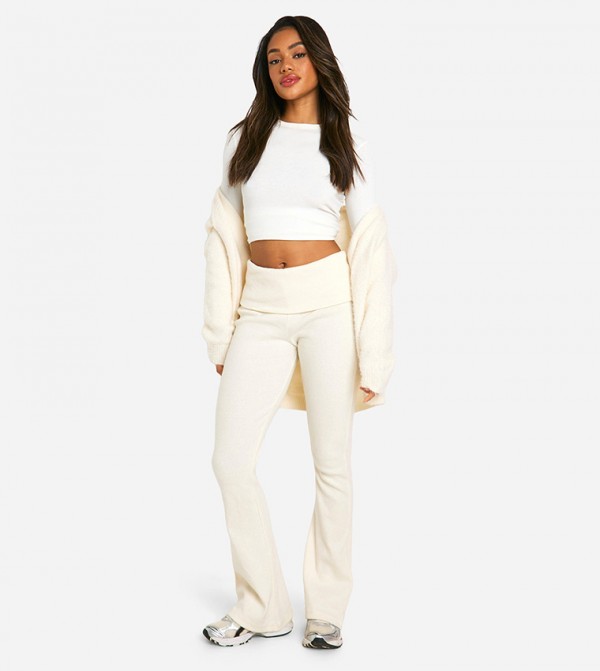 Brushed Ribbed Foldover Waistband Flared Trousers