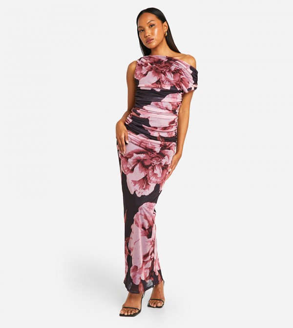 Floral Printed Mesh Off Shoulder Maxi Dress