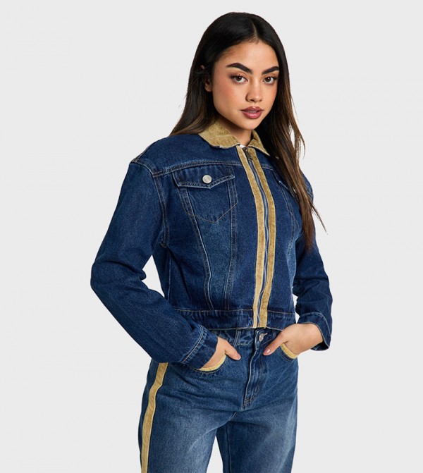 Cord Trim Detail Fitted Denim Jacket