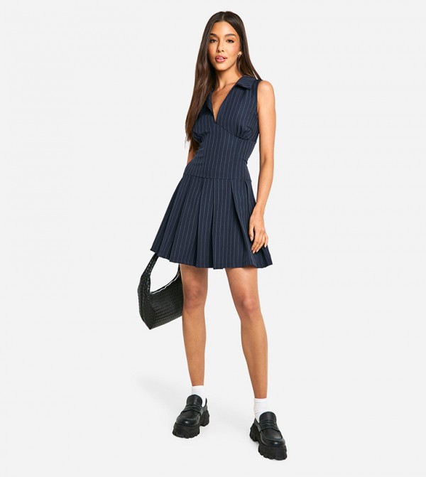 Pinstriped Pleated Mini Dress