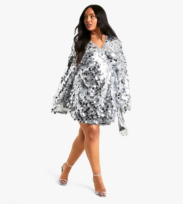 Curve Disc Sequined Wrap Flared Sleeves Dress