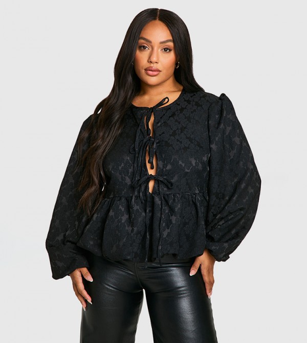 Curve Jacquard Floral Tie Front Smock Top