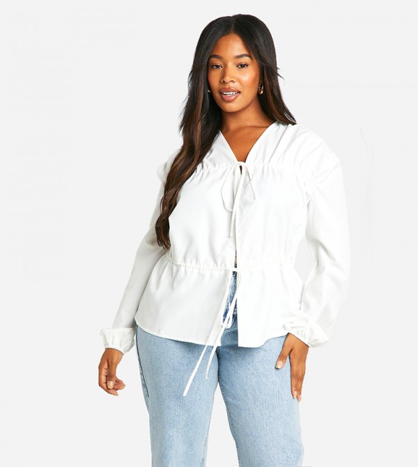 Curve Tie Front Long Sleeves Top