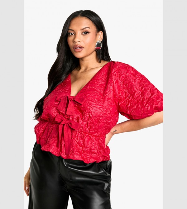 Curve Jacquard Tie Front Puff Ball Smock Top