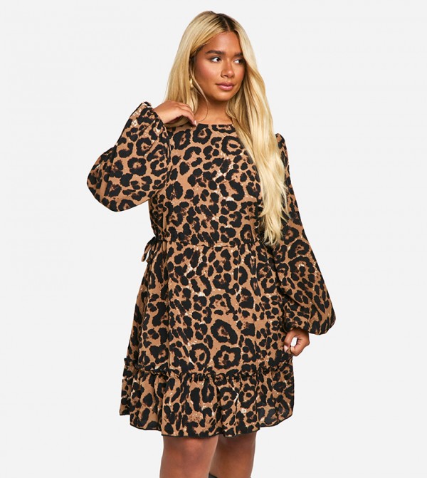 Curve Leopard Print Crew Neck Smock Mini Dress