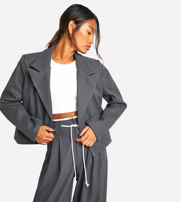 Wool Look Shoulder Pad Cropped Blazer