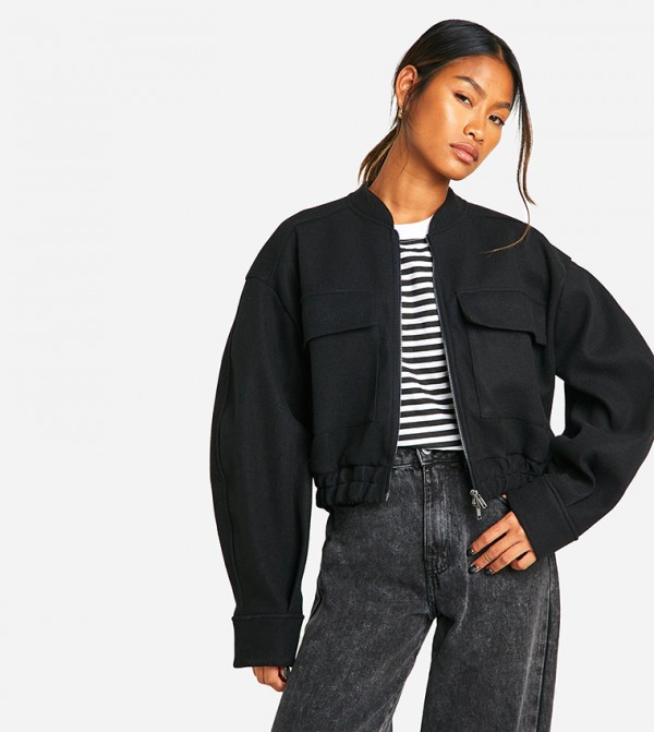 Wool Look Double Zip Bomber Jacket
