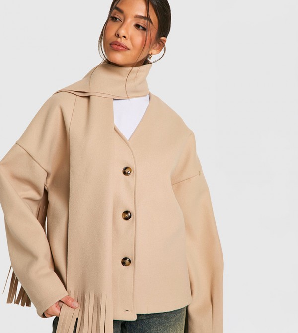2 in 1 Wool Look Scarf Detail Jacket
