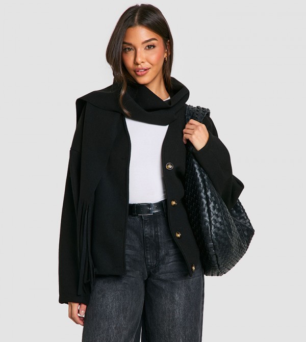 2 in 1 Wool Look Scarf Detail Jacket