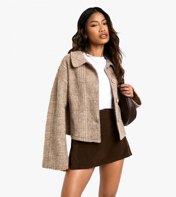 Checkered Wool Look Collar Jacket