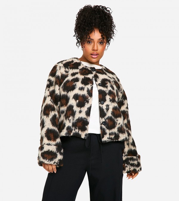 Curve Leopard Print Collarless Wool Jacket
