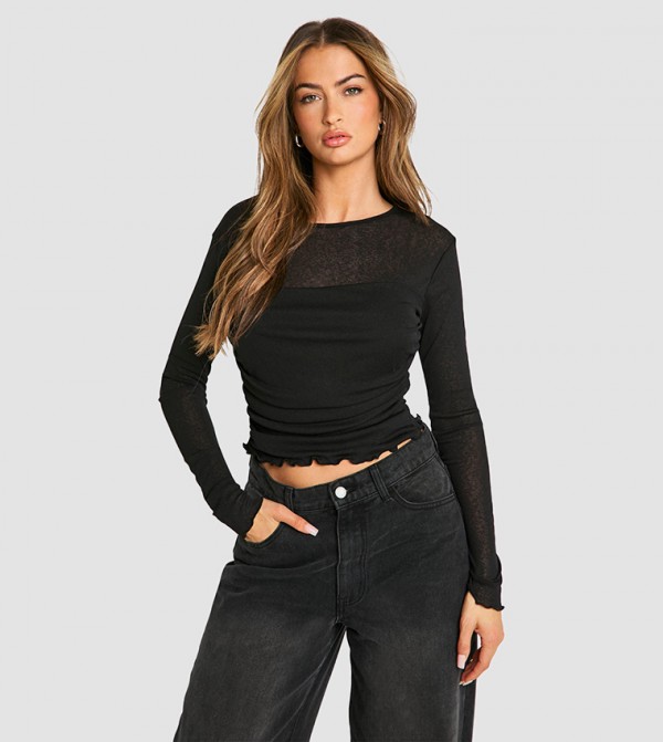 Textured Mesh Ruched Front Long Sleeves Top
