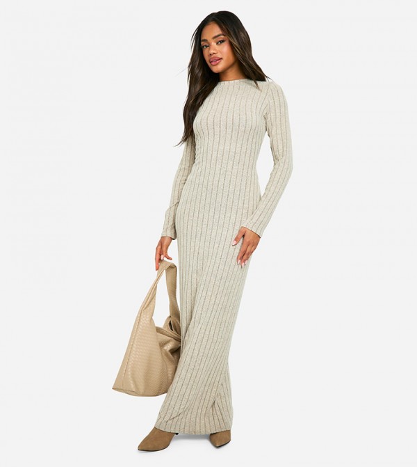 Wide Rib Tie Back Long Sleeves Maxi Dress