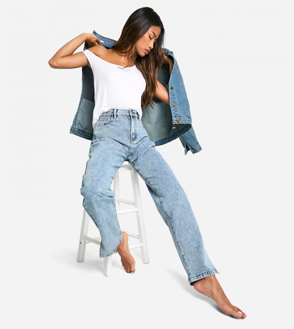 High Waist Split Hem Straight Fit Jeans