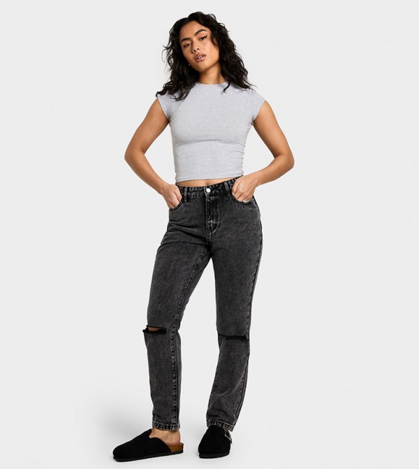 Basics High Waisted Knee Slash Mom Jeans