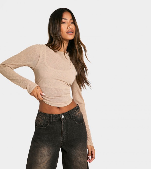 Mesh 2 Layer Long Sleeves Crop Top