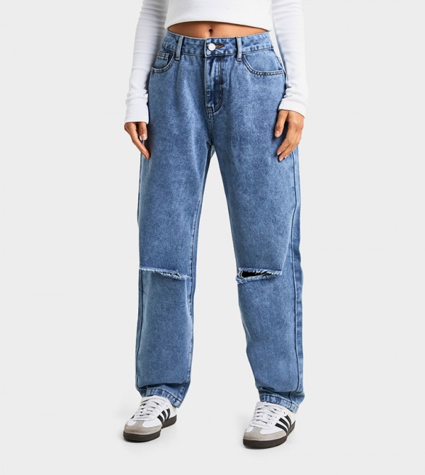 Petite High Waist Distressed Mom Fit Jeans