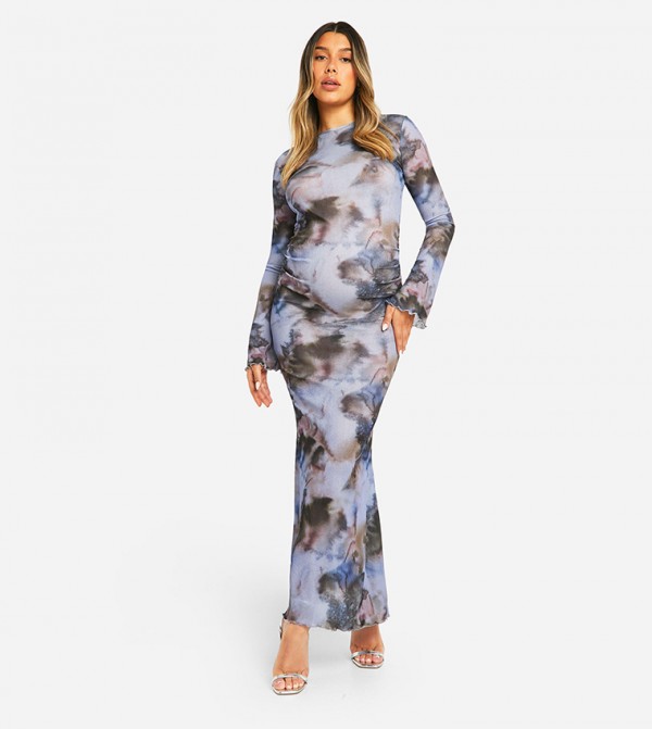 Maternity Abstract Print Lettuce Hem Maxi Dress